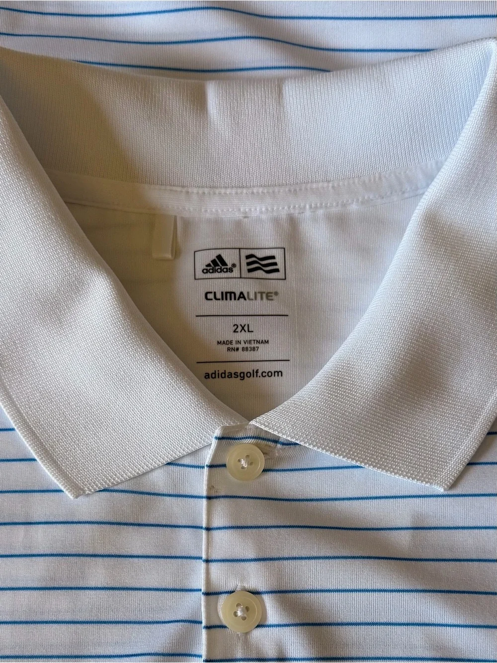 adidas Men’s White Polo with Thin Blue Stripes